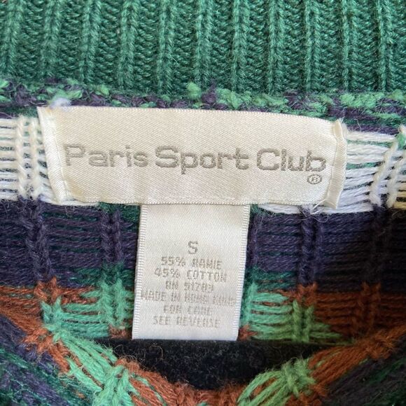 Vintage 90s Green Aztec Sweater Paris Sports Club SZ S - Picture 2 of 4